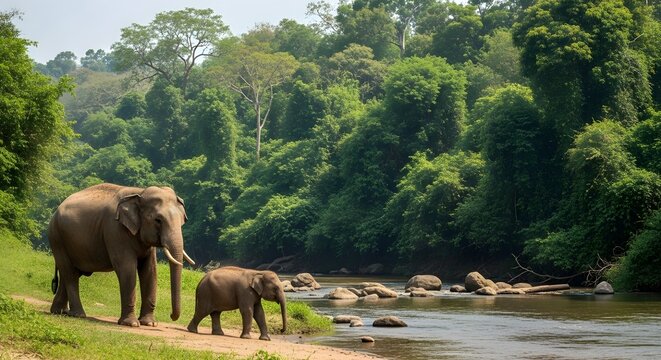 A mother elephant and her baby walking near a river surrounded by lush green tropical forest trees