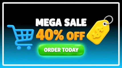 A promotional banner advertising a mega sale with 40% off, featuring a shopping cart, price tag, and an 'Order Today' button.