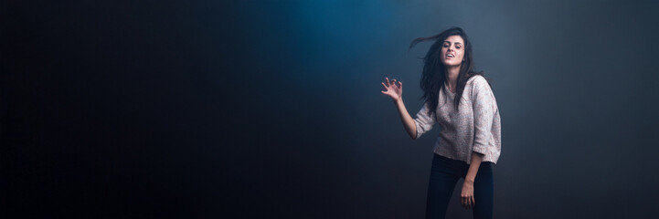 Woman Posing with Dynamic Emotion on Wide Banner