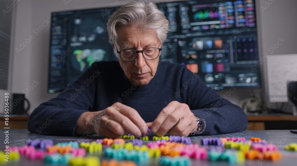 Poster medium shot showing retiree sorting colorful hearingaid shells printed on a 3d printer set against a