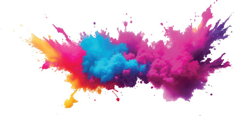 Exploding Rainbow Paint Powder Cloud – Colorful Dust Burst for Holi Festival on White Background, Symbolizing Joy, Freedom, and Artistic Abstract Motion Splash
