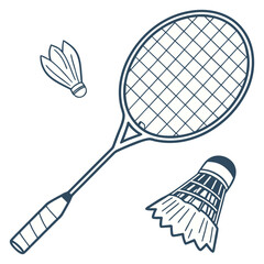 White badminton shuttlecock and two badminton rackets on blue floor sport badminton court. Outdoors. Close up.