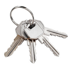 Realistic 3D Render of a Set of Silver Keys with Keychain Isolated on a Clean Background