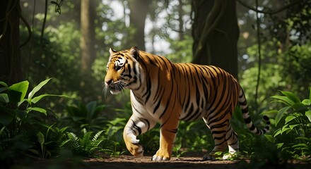 Obraz premium A tiger walking through a lush green forest with sunlight filtering through the trees and foliage