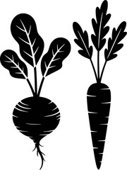 Black beet and carrot silhouettes with leafy greens root vegetable