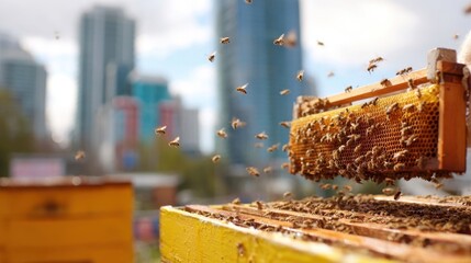 Beekeeper extracting honeycomb frame covered with bees flying around from a beehive in an urban environment, showcasing the practice of city beekeeping