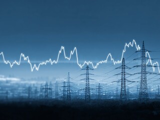 Electricity Pylon Silhouettes with Stock Market Graphs on Blue Background
