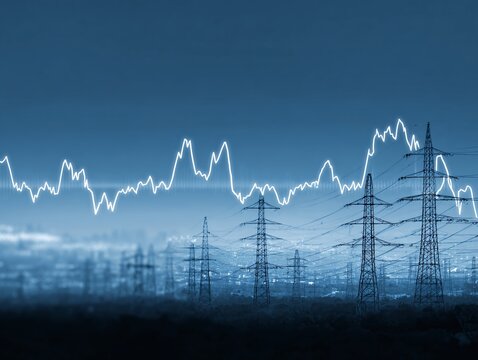 Electricity Pylon Silhouettes with Stock Market Graphs on Blue Background
