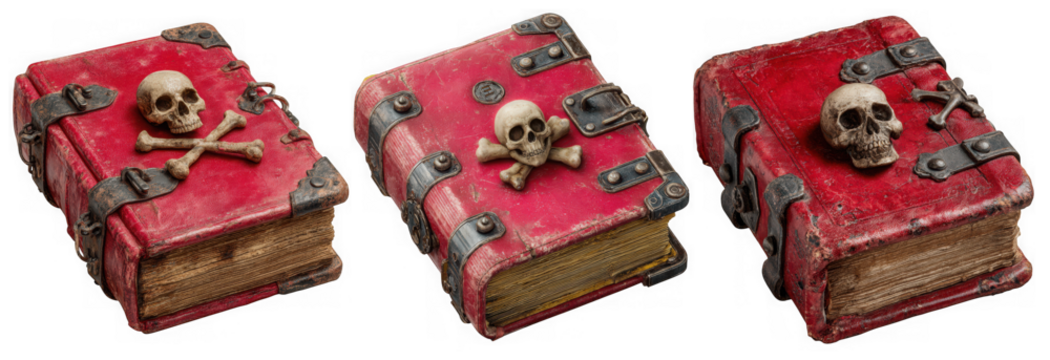 Three antique red books with skull and crossbones decoration isolated on transparent background