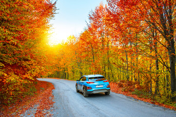 car drive on autumn road in beautiful nature. autumn colors in beautiful mountain road landscape. autumn landscape on the highway in forest. nature trip in fall. Autumn panorama on highway landscape.

