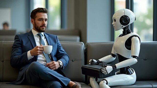 Businessman, AI robot sit in waiting room for job interview. Man holds coffee cup, stares thoughtfully. Robot hold briefcase, talking with man. Futuristic scene represents future employment challenge.