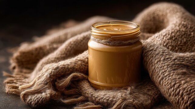 Rustic glass jar with smooth golden peanut butter