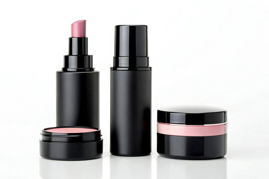 Elegant Black Cosmetic Containers with Pink Accents in Minimal Studio Setup