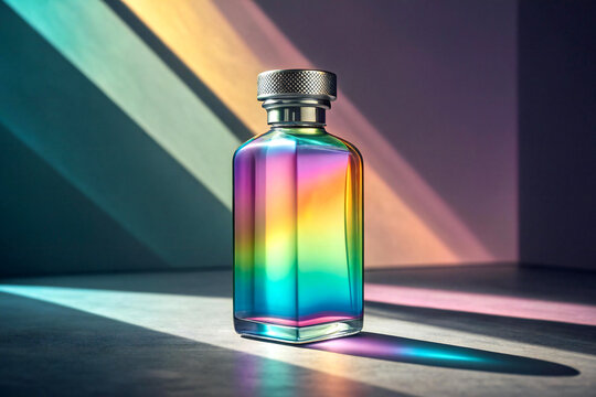 Colorful Iridescent Glass Bottle with Holographic Metallic Silver Cap