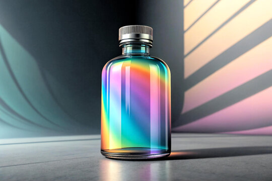 Colorful Iridescent Glass Bottle with Holographic Metallic Silver Cap