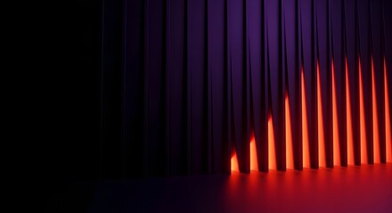 Fototapeta premium Dark abstract background with vertical purple lines illuminated by vibrant red light, creating a dramatic and futuristic mood