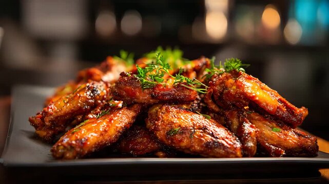 Ultra HD A generous pile of succulent chicken wings, glistening with a savory glaze and sprinkled with fresh herbs, arranged on a dark plate against a blurred backdrop, spicy fried chicken video