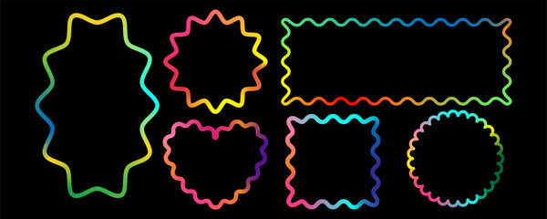 Set of abstract wavy frames with neon rainbow gradient outlines on black background. Curved squiggly shapes in various forms. Vibrant vector design elements for stickers, labels, UI, or decoration
