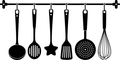 Kitchen utensils hanging on a rack cooking tools