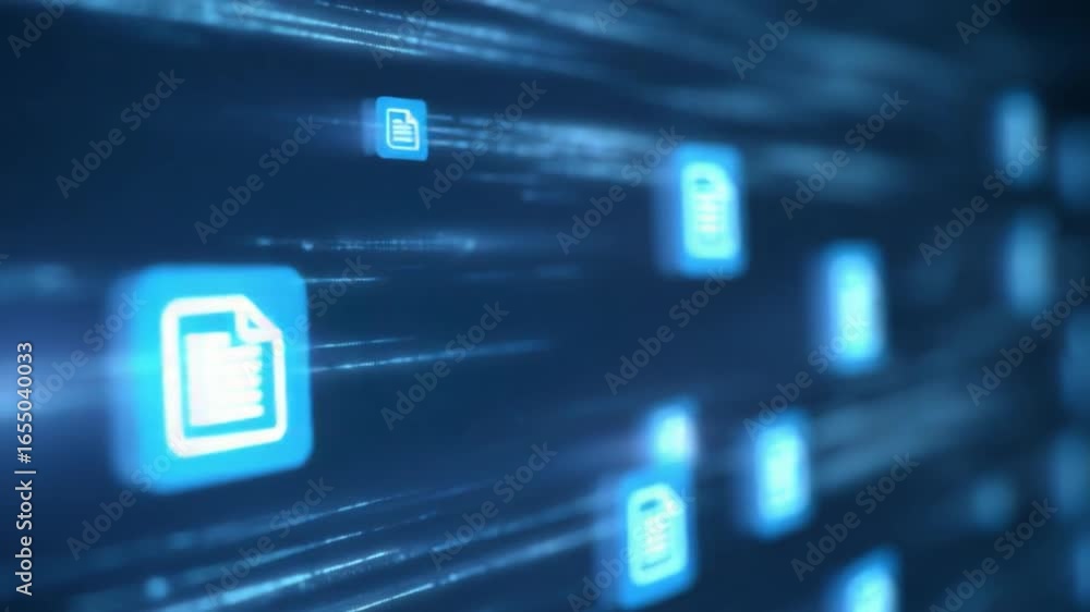 Poster digital data stream: illuminated blue file icons stream across a futuristic digital canvas, represen