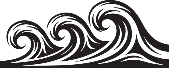 Stylized Black And White Ocean Waves Pattern On White Background water surf
