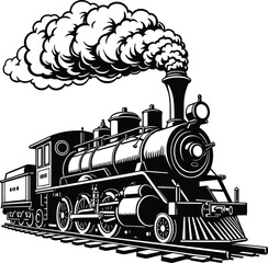 Steam locomotive with billowing smoke, vintage railway engine and classic train vector