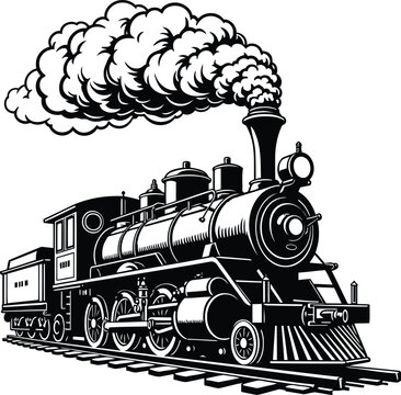 Steam locomotive with billowing smoke, vintage railway engine and classic train vector