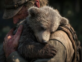 Naklejka premium Grizzly Cub and Man Embrace