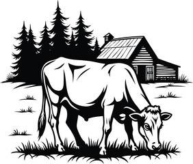 Grazing cow near barn with pine trees, peaceful rural farm landscape vector