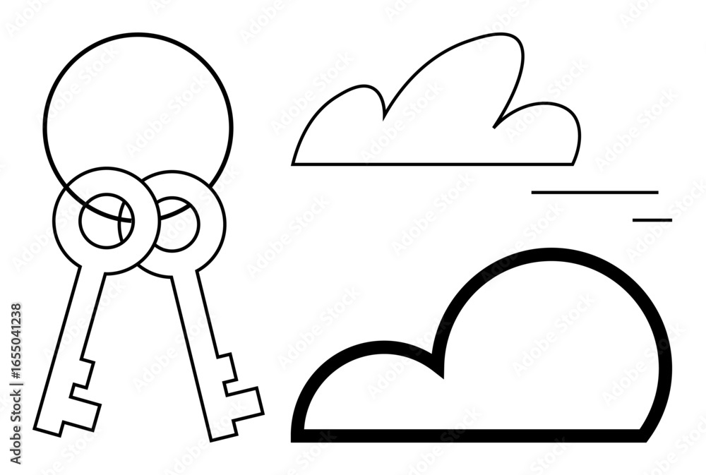 Poster two simple overlapping keys, two cloud outlines and motion lines combine to evoke themes of security