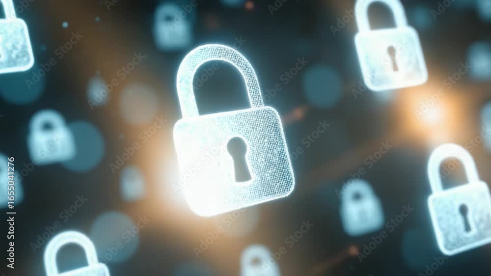Poster digital security: illustrative representation of multiple illuminated padlocks floating in a cyberne