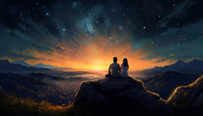 Illustration of couple sitting on rocky outcrop at sunset with starry sky.