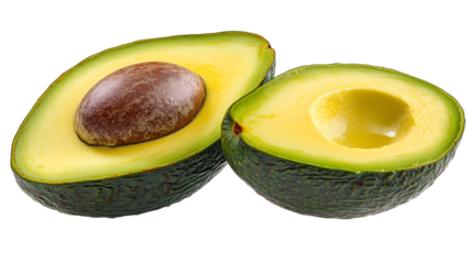 Two Sliced Avocados with and without Seed Isolated on Transparent Backdrop for Culinary Projects