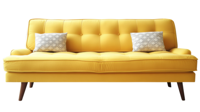 Yellow sofa with pillows isolated on transparent background