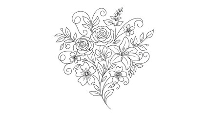Floral Serenity: A delicate black and white line drawing presents a stunning bouquet of flowers, inviting a serene experience of nature's artistry. 