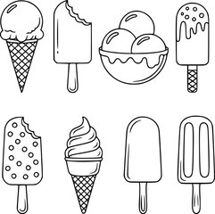 Various ice cream treats in cones bowls and on sticks popsicle