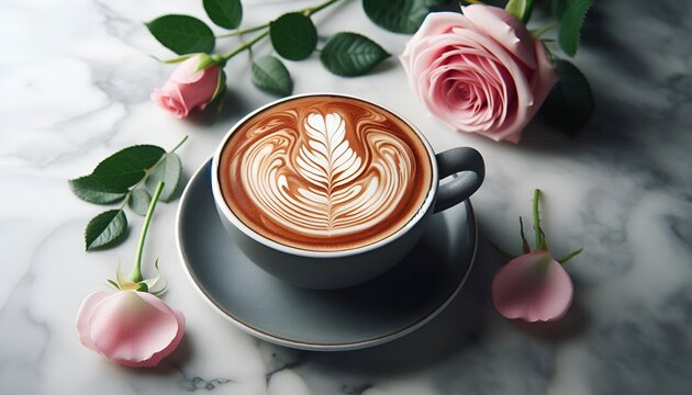 A beautifully crafted cup of latte with elegant leaf latte art, placed on a marble surface and surrounded by pink roses and petals