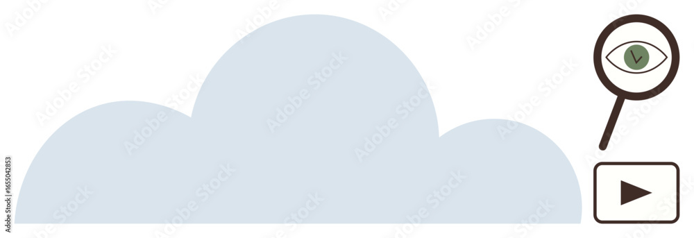 Poster large cloud with a magnifying glass depicting content validation and play button for media access. i