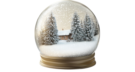 Snow globe showing falling snow on winter landscape with cabin and pine trees on transparent background