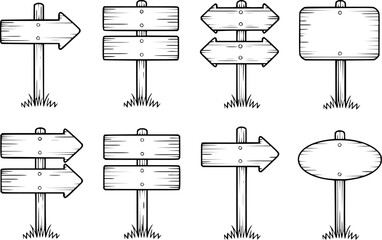 Wooden signposts with directional arrows and blank boards vector