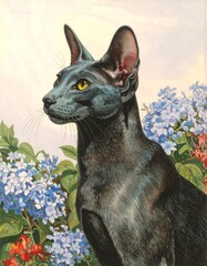 Dark cat in garden of flowers