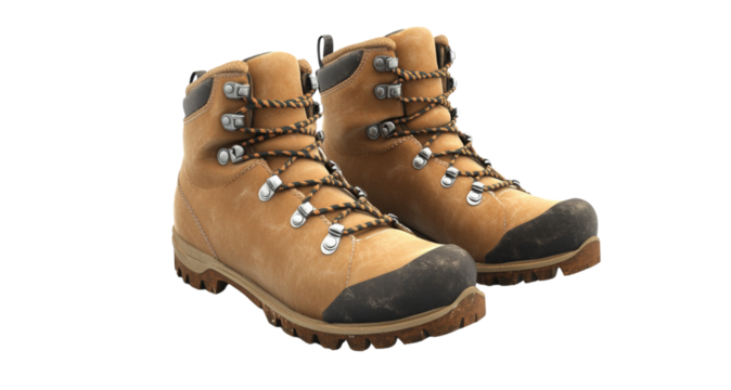 Pair of yellow hiking boots isolated on transparent background