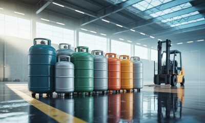 Industrial gas cylinders in a warehouse.  Various sizes and colors of gas tanks lined up,  with a forklift in the background