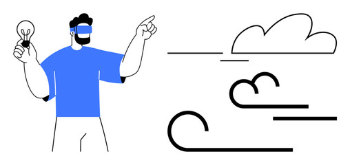 Man wearing VR glasses holding lightbulb and pointing at abstract wind lines with floating cloud. Ideal for innovation, technology, creativity, VR, imagination, nature, futuristic concepts. Simple