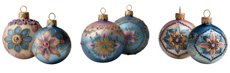 Set of six vintagestyle christmas ornaments with intricate patterns isolated on transparent background