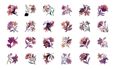 Collection of 24 Beautiful Colorful Flower Illustrations Featuring Daisies, Tulips, Hibiscus, Sunflowers, Plumeria, Roses, Lilies, Lavender, and Mixed Botanical Art Elements in Elegant Hand-Drawn Styl