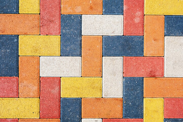 Multi-colored paving slabs, bright colors for decorating local areas, courtyards and streets in urban areas, flat layouts and advertising for the production of paving slabs