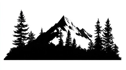 A stark black and white silhouette of a majestic mountain peak, flanked by evergreen trees, creates a dramatic and minimalist landscape
