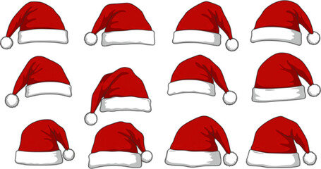 Santa Claus hat collection, Santa red hats with white fur, Winter cap, Christmas element, Vector illustration
