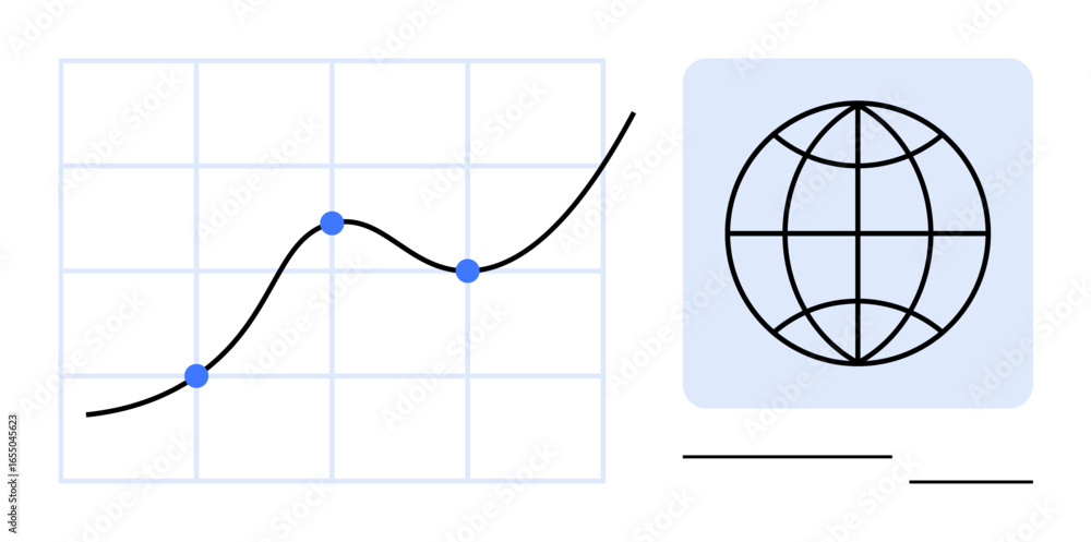Poster rising line graph on grid with marked points paired with a globe symbol, representing growth, analyt